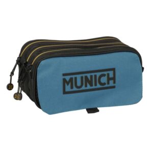 safta munich portatodo 3 compartimentos con cremallera cinta trasera adaptable bolsillo frontal de rejilla con velcro 21.5x10x8cm color negro y azul