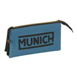 safta munich portatodo 3 compartimentos con cremallera bolsillo interior central 22x12x3cm color negro y azul