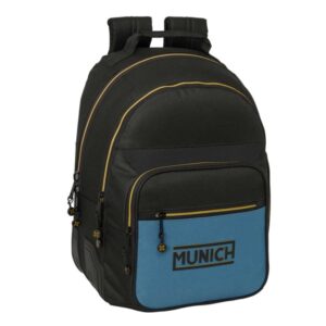 safta munich mochila adaptable a carro bolsillo frontal portabotellas cremallera con doble tirador asa de mano hombreras y espalda acolchada 32x42x15cm color negro y azul