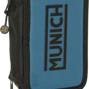 safta munich plumier de 3 pisos 37 piezas goma lapiz 2 boligrafos sacapuntas 2 reglas 16 colores 14 rotuladores 12.5x19.5x5.5cm color negro y azul