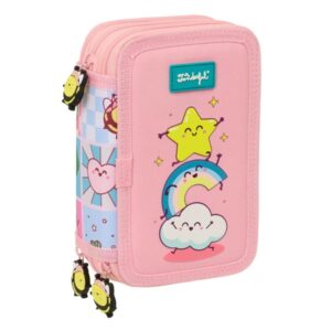 safta mr. wonderful comic plumier de 3 pisos 37 piezas goma lapiz 2 boligrafos sacapuntas 2 reglas 16 colores 14 rotuladores 12.5x19.5x5.5cm color rosa