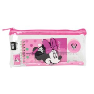safta minnie mouse minty portatodo cremallera pvc regla de 15cm 2 lapices sacapuntas goma bloc de notas de 70 hojas 22.5x10.5x1cm color rosa y transparente