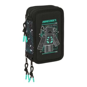 safta minecraft screen plumier de 3 pisos 37 piezas goma lapiz 2 boligrafos sacapuntas 2 reglas 16 colores 14 rotuladores 12.5x19.5x5.5cm color negro
