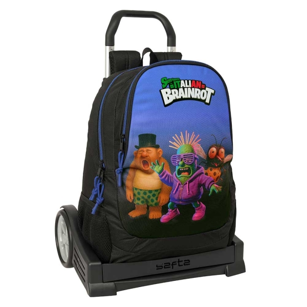 safta brainrot mochila con carro extraible 23l portabotellas cremallera con doble tirador asa de mano espalda acolchada antisudor 32x44x16cm color negro y azul