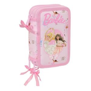 safta barbie ballet plumier de 3 pisos 37 piezas goma lapiz 2 boligrafos sacapuntas 2 reglas 16 colores 14 rotuladores 12.5x19.5x5.5cm color rosa