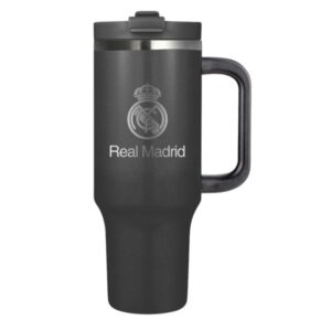 safta real madrid vaso con asa termico capacidad 1.2l pajita con varilla de limpieza revestimiento interior de cobre tapa antifugas 12h caliente 24h frio 14x26.5x10.5cm color negro