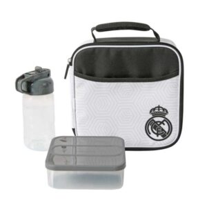 safta real madrid bolsa isotermica porta alimentos cremallera incluye recipiente de 650ml botella de 335ml bolsillo interior asa de mano 21x21.6x9.5cm color blanco