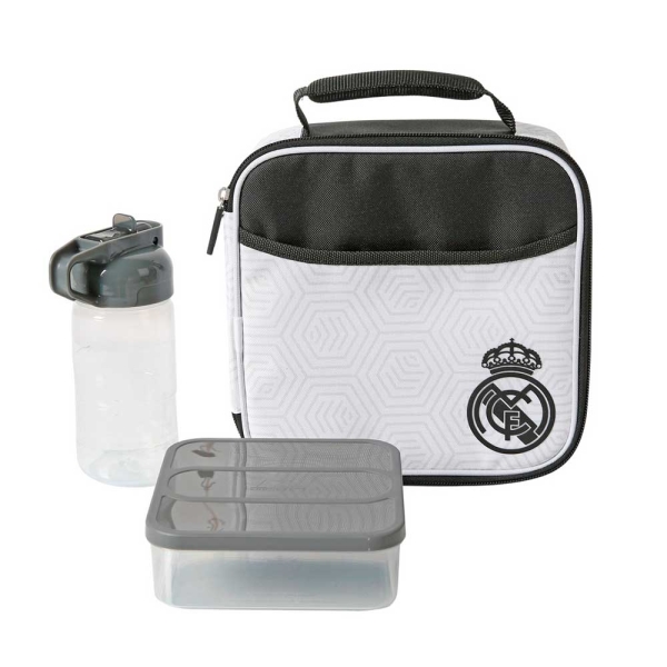 safta real madrid bolsa isotermica porta alimentos cremallera incluye recipiente de 650ml botella de 335ml bolsillo interior asa de mano 21x21.6x9.5cm color blanco