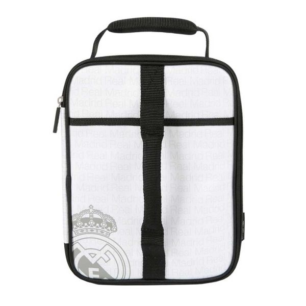 safta real madrid bolsa isotermica porta alimentos expandible incluye recipiente de 650ml cremallera asa de mano 20.7x26.7x10.8cm color blanco