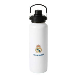 safta real madrid botella isotermica capacidad 1.2l pajita interior revestimiento interior de cobre tapa antifugas 12h caliente 24h frio 9.3x30cm color blanco