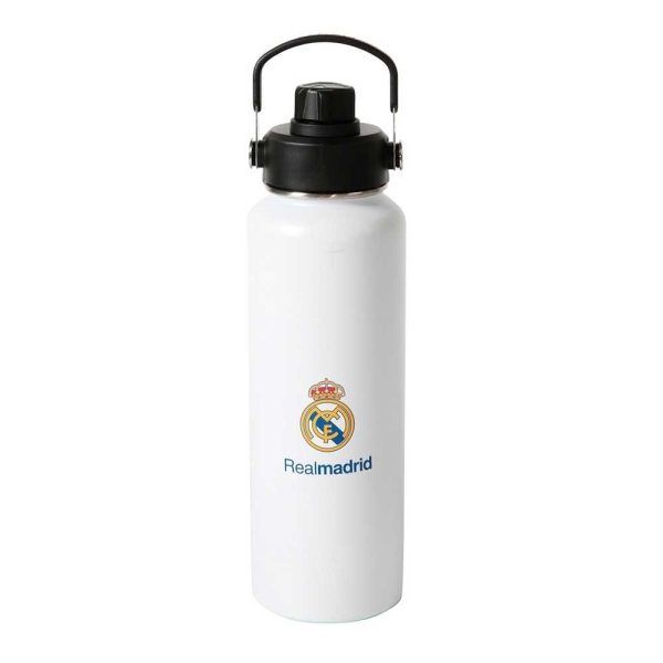 safta real madrid botella isotermica capacidad 1.2l pajita interior revestimiento interior de cobre tapa antifugas 12h caliente 24h frio 9.3x30cm color blanco