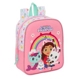 safta gabby's dollhouse mochila guarderia 6l cremallera asa de mano tarjeta de identificacion personal adaptable a carrito 22x27x10cm color rosa