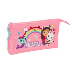 safta gabby's dollhouse portatodo 3 compartimentos con cremallera bolsillo interior central 22x12x3cm color rosa