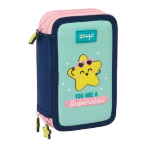 safta mr. wonderful estrella plumier de 3 pisos 37 piezas goma lapiz 2 boligrafos sacapuntas 2 reglas 16 colores 14 rotuladores 12.5x19.5x5.5cm color turquesa claro