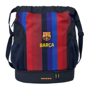 safta f.c.barcelona 1ª equipacion 26/27 saco mochila cremallera bidireccional portabotellas hombreras de cinta ajustables compartimento inferior 35x40x1cm color rojo y azul