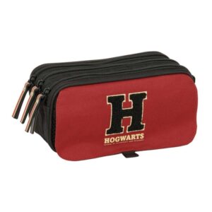 safta harry potter hogwarts portatodo 3 compartimentos con cremallera cinta trasera adaptable bolsillo frontal de rejilla con velcro 21.5x10x8cm color negro y rojo