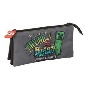safta minecraft graffiti portatodo 3 compartimentos con cremallera bolsillo interior central 22x12x3cm color gris