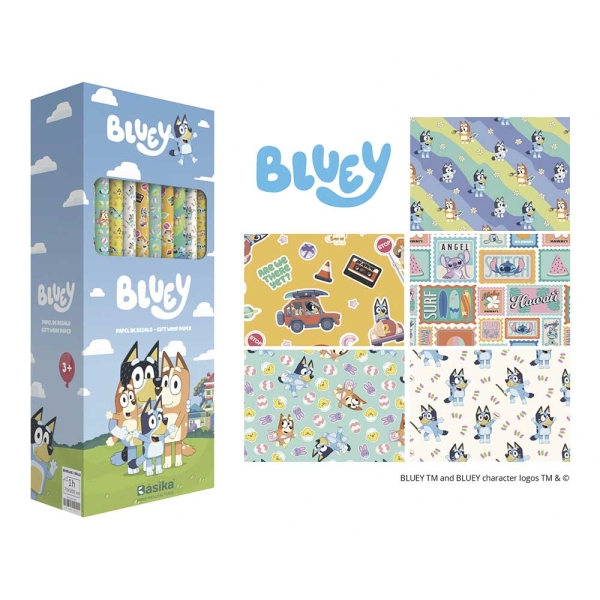 safta bluey ready expositor con 50 rollos de papel regalo medidas del rollo 70x200cm 5 patrones diferentes 30.5x71x15.5cm colores surtidos