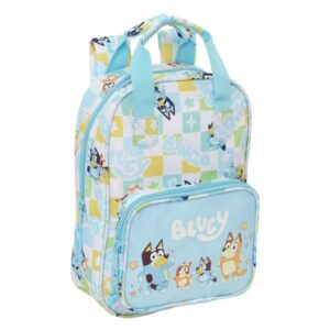 safta bluey ready mochila infantil tarjeta de identificacion personal bolsillo frontal hombreras acolchadas 20x28x8cm color azul pastel