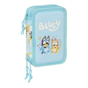 safta bluey ready plumier de 3 pisos 37 piezas goma lapiz 2 boligrafos sacapuntas 2 reglas 16 colores 14 rotuladores 12.5x19.5x5.5cm color azul pastel