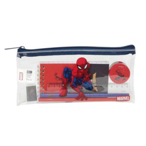 safta spider man portatodo cremallera pvc regla de 15cm 2 lapices sacapuntas goma bloc de notas de 70 hojas 22.5x10.5x1cm color azul y transparente