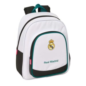 safta real madrid equipacion 26/27 mochila infantil portabotellas bolsillo frontal asa de mano adaptable a carro hombreras acolchadas 28x34x10cm color blanco y negro