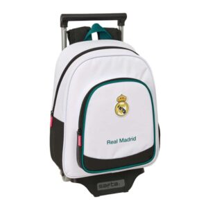 safta real madrid equipacion 26/27 mochila con carro extraible portabotellas bolsillo frontal asa de mano 28x34x10cm color blanco y negro