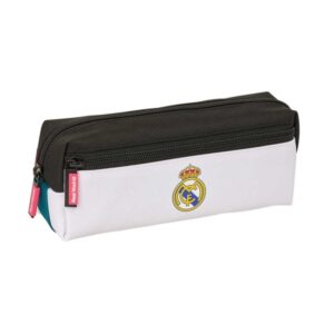 safta real madrid equipacion 26/27 portatodo 3 compartimentos con cremallera goma elastica compacto 22x8.5x6cm color blanco y negro