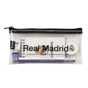 safta real madrid equipacion 26/27 portatodo cremallera pvc regla de 15cm 2 lapices sacapuntas goma bloc de notas de 70 hojas 22.5x10.5x1cm color negro y transparente