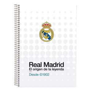 safta real madrid equipacion 26/27 libreta con espiral formato cuarto 80 hojas de 80g/m2 cuadricula 4x4mm tapas duras glasofonadas 15.5x22x1cm color blanco