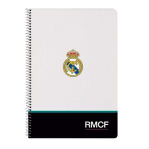safta real madrid equipacion 26/27 libreta con espiral formato folio 80 hojas de 80g/m2 cuadricula 4x4mm tapas duras glasofonadas 21.5x31x1cm color blanco y negro