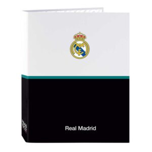 safta real madrid equipacion 26/27 carpeta de 4 anillas de 25mm formato folio tapas duras forradas 26.5x33x4cm color blanco y negro