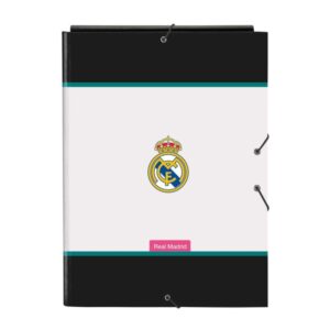 safta real madrid equipacion 26/27 carpeta de 3 solapas formato folio cierre con gomas elasticas tapas duras forradas 26x33.5x2.5cm color blanco y negro
