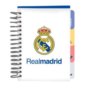 safta real madrid equipacion 26/27 bloc de notas formato a6 80 hojas de 80 g/m2 espiral tapas duras 4 separadores interiores 10.5x14.8cm color blanco