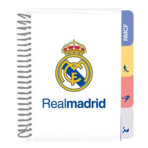 safta real madrid equipacion 26/27 bloc de notas formato a5 80 hojas de 80 g/m2 espiral tapas duras 4 separadores interiores 14.8x2.1cm color blanco