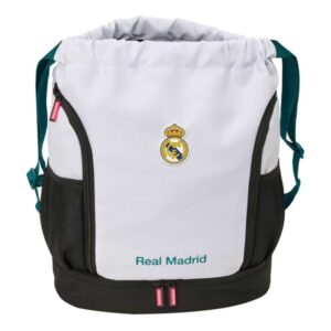 safta real madrid equipacion 26/27 saco mochila cremallera bidireccional portabotellas hombreras de cinta ajustables compartimento inferior 35x40x1cm color blanco y negro