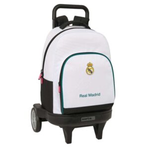 safta real madrid equipacion 26/27 mochila con carro extraible 33l portabotellas ruedas antivibracion doble tirador asa bolsillo frontal 33x45x22cm color blanco y negro