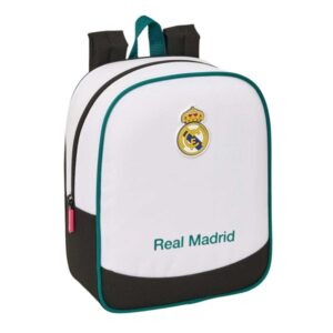 safta real madrid equipacion 26/27 mochila guarderia 6l cremallera asa de mano tarjeta de identificacion personal adaptable a carrito 22x27x10cm color blanco y negro