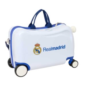 safta real madrid equipacion 26/27 maleta trolley infantil reposapies bandolera ajustable asas de mano tiradores con ranura para candado interior forrado 44x27x21cm color blanco y azul