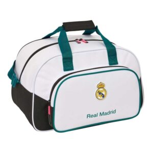 safta real madrid equipacion 26/27 bolsa de deporte bandolera ajustable bolsillo frontal cremallera con doble tirador tacos en la base 40x24x23cm color blanco y negro