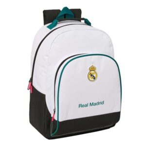 safta real madrid equipacion 26/27 mochila adaptable a carro bolsillo frontal hombreras y espalda acolchada cremallera con doble tirador asa de mano 32x42x15cm color blanco y negro