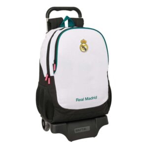 safta real madrid equipacion 26/27 mochila con carro extraible 23l portabotellas cremallera doble tirador asa de mano espalda acolchada antisudor 32x44x16cm color blanco y negro