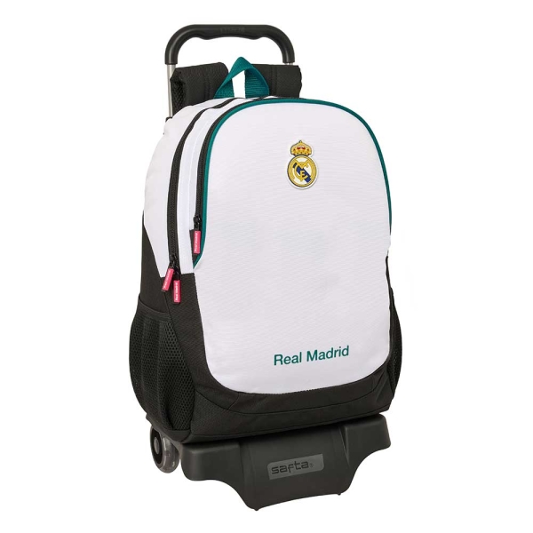 safta real madrid equipacion 26/27 mochila con carro extraible 23l portabotellas cremallera doble tirador asa de mano espalda acolchada antisudor 32x44x16cm color blanco y negro