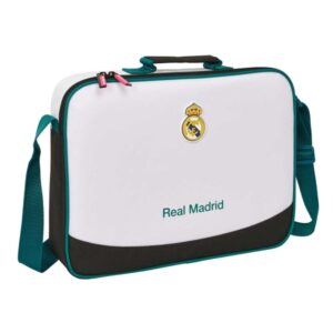 safta real madrid equipacion 26/27 maletin con cremallera bandolera ajustable asa forrada doble tirador fondo semirigido 38x28x6cm color blanco y negro