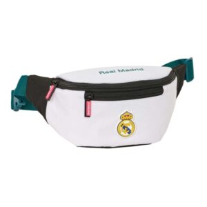safta real madrid equipacion 26/27 bolsa de cintura cremallera cintas ajustables cierre de pvc bolsillo frontal 23x12x9cm color blanco y negro