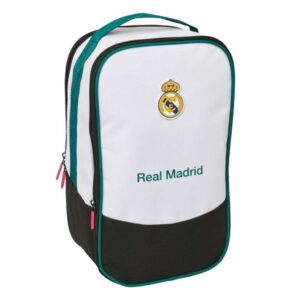 safta real madrid equipacion 26/27 zapatillero doble bolsillo interior de velcro compartimento trasero con cremallera asa de mano 21x36x16cm color blanco y negro