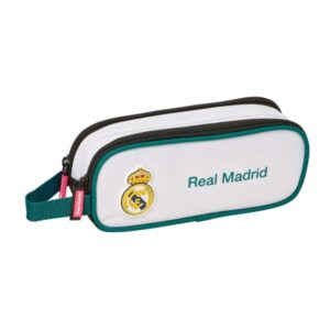 safta real madrid equipacion 26/27 portatodo 2 compartimentos con cremallera asa lateral capacidad 1l 21x8x6cm color blanco y negro