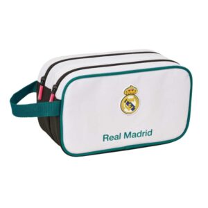 safta real madrid equipacion 26/27 neceser 2 compartimentos con cremallera adaptable a carro asa de mano lateral 26x15x12.5cm color blanco y negro