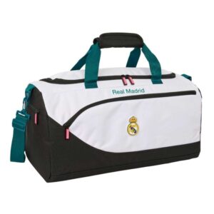 safta real madrid equipacion 26/27 bolsa de deporte bandolera ajustable bolsillos laterales y frontal fondo semirigido cremallera con doble tirador 50x25x25cm color blanco y negro