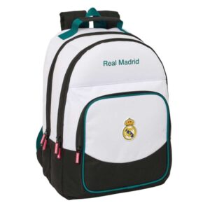safta real madrid equipacion 26/27 mochila adaptable a carro bolsillo frontal portabotellas cremallera con doble tirador asa de mano espalda acolchada 32x42x16cm color blanco y negro